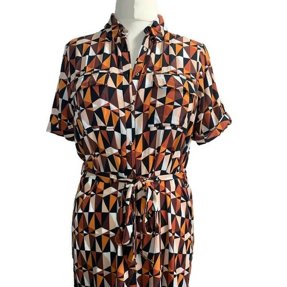 Dorothy Perkins Shirt Dress Orange Black Geometric Print Belted Rolled Sleeve 12 - Picture 2 of 13